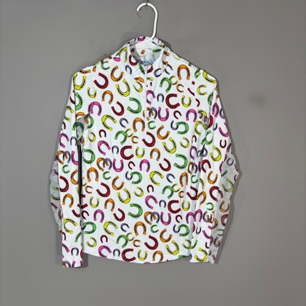 IBKUL T-Shirt Womens XS Multicolor Horseshoe Mock Neck Zip Long Sleeve Top